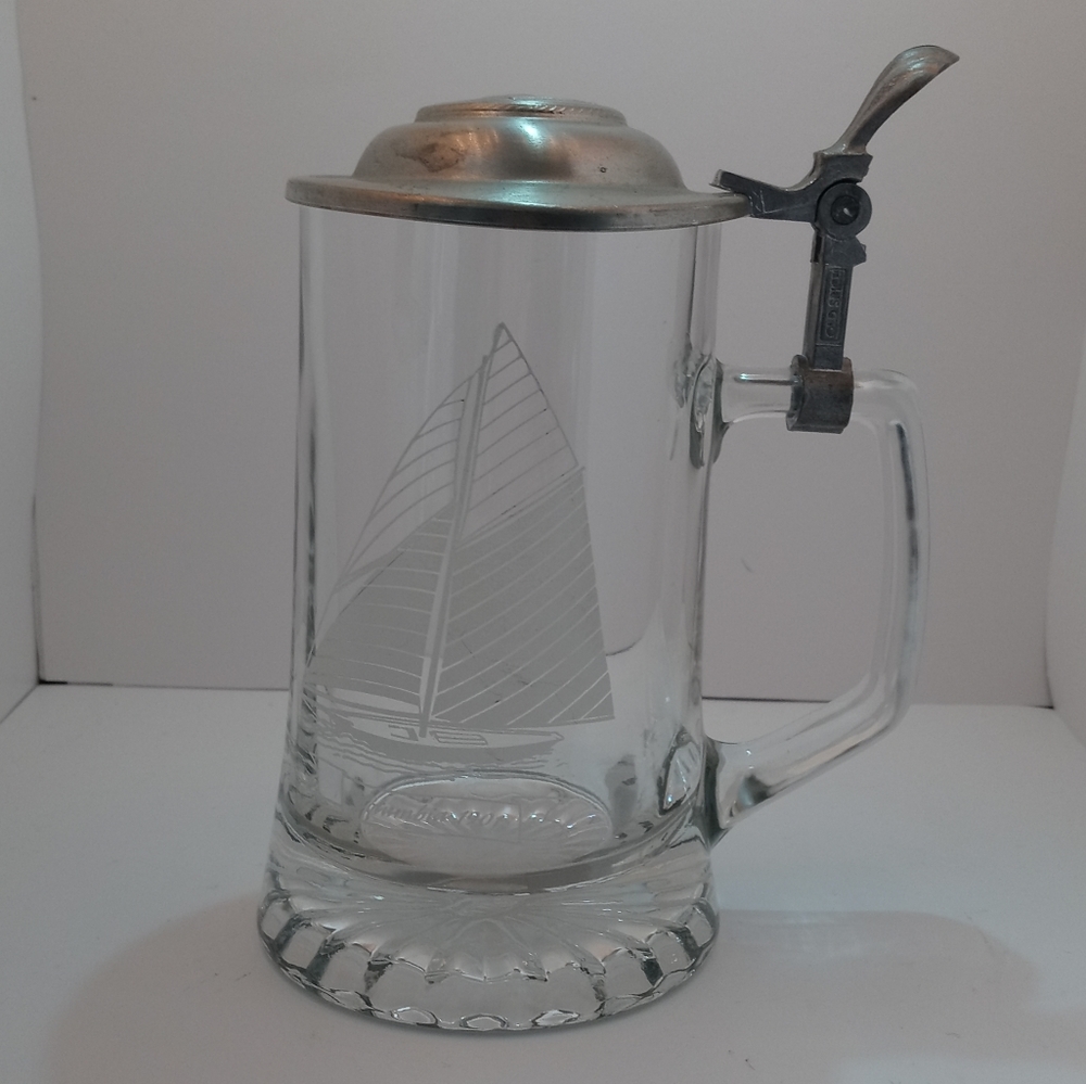 Vintage Old Spice Etched Glass Stein with Pewter Lid - Sloop Columbia